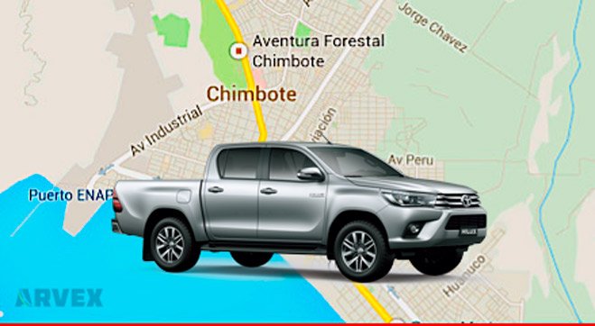 chimbote gps 1 camioneta toyoya hilux color plomo, en fondo mapa de chimbote