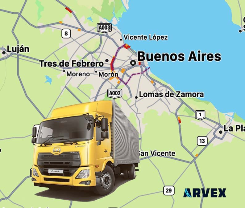 camion de carga amarillo en fondo mapa de buenos aires Argentina